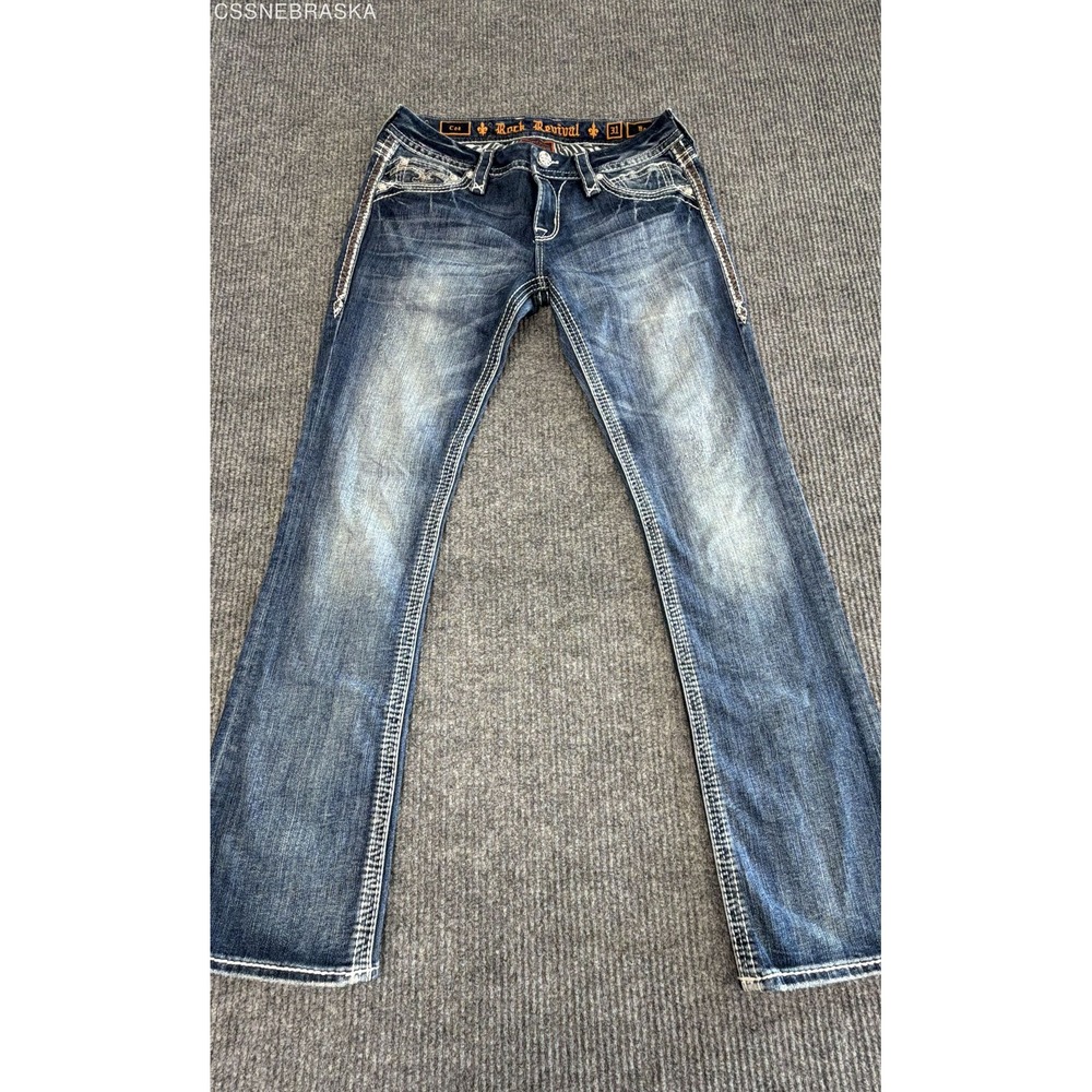 Rock Revival Blue Jeans Denim Thick Stitch Fleur De Lis Y2K - Size 31